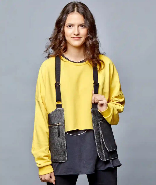 Bolso chaleco vaquero negro jaspeado – vista frontal
