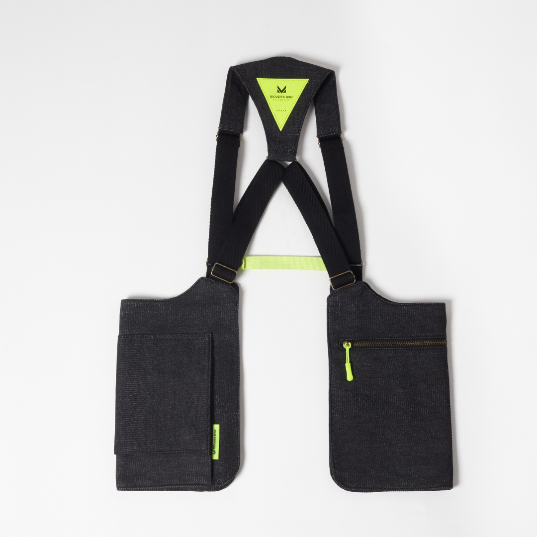 Bolso chaleco vaquero negro jaspeado con costuras flúor – vista trasera