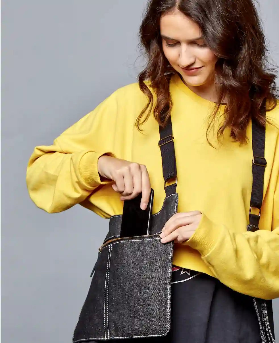 Bolso chaleco vaquero negro jaspeado – detalle