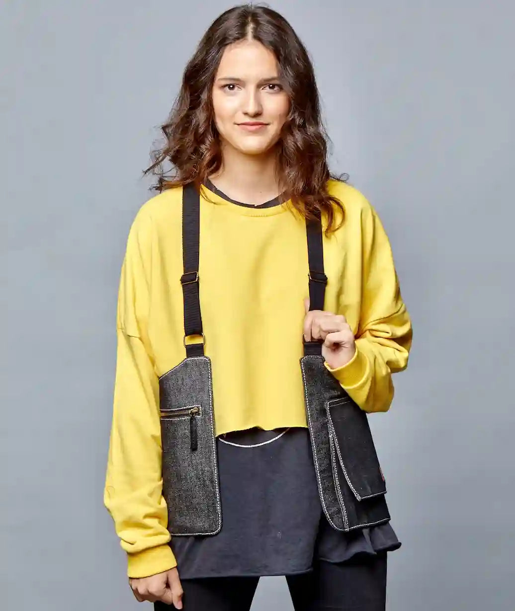Bolso chaleco vaquero negro jaspeado – vista frontal