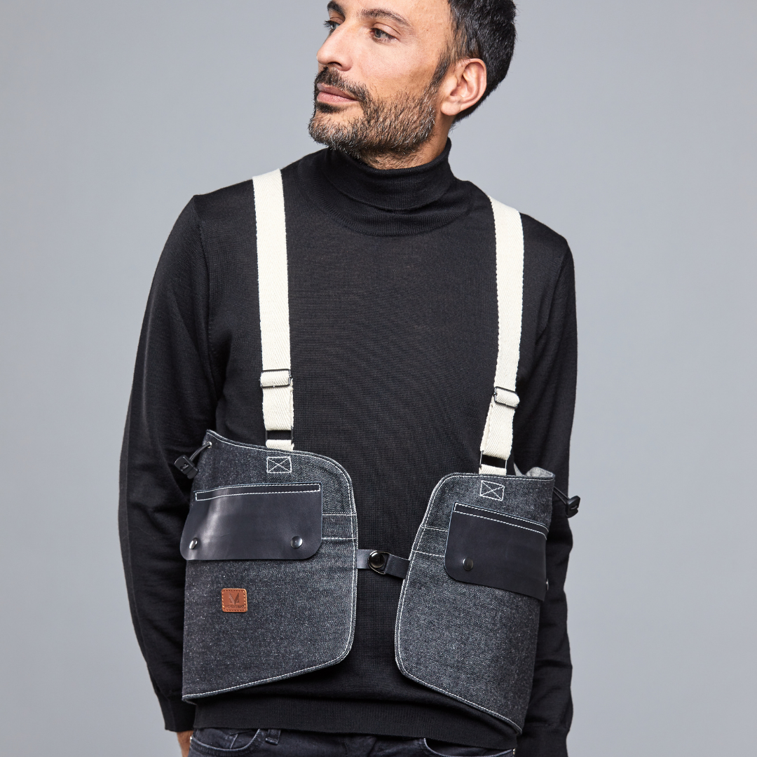 Movers Vest bolso chaleco negro vaquero – vista frontal