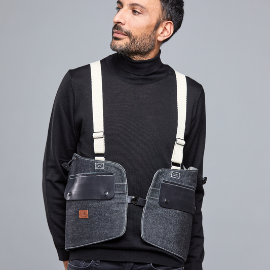 Movers Vest bolso chaleco negro vaquero – vista frontal