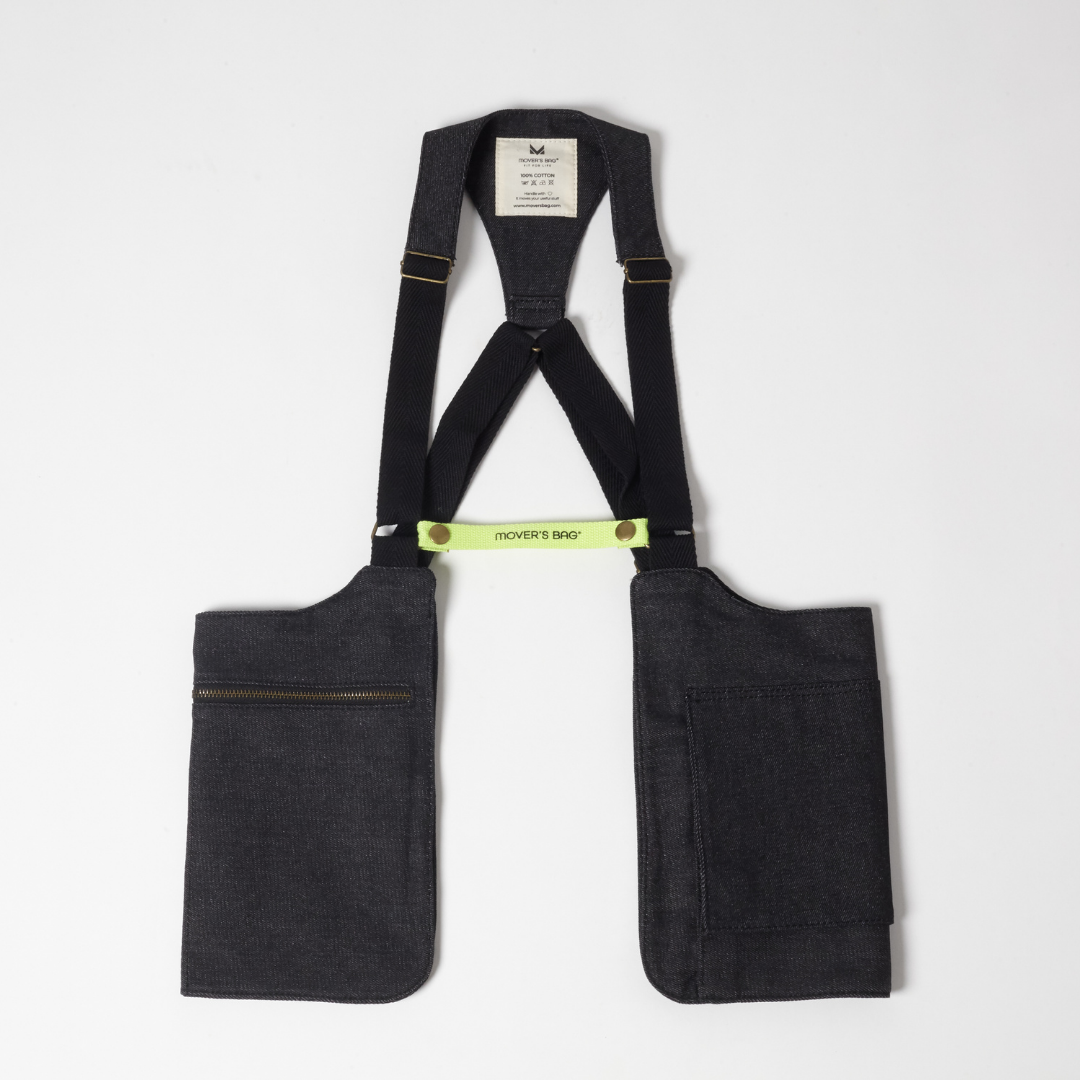 Bolso chaleco vaquero negro jaspeado con costuras flúor – vista frontal