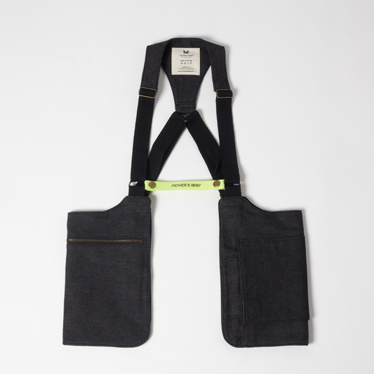 Bolso chaleco vaquero negro jaspeado con costuras flúor – vista frontal