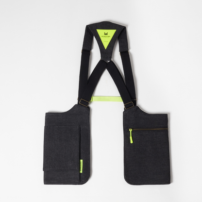 Bolso chaleco vaquero negro jaspeado con costuras flúor – vista trasera