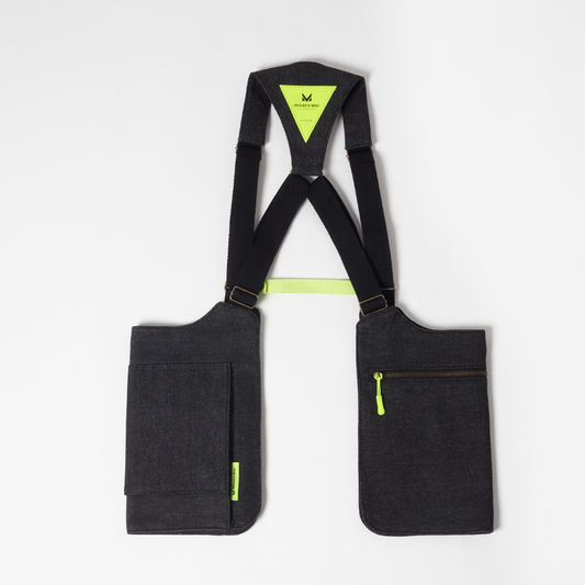 Bolso chaleco vaquero negro jaspeado con costuras flúor – vista trasera