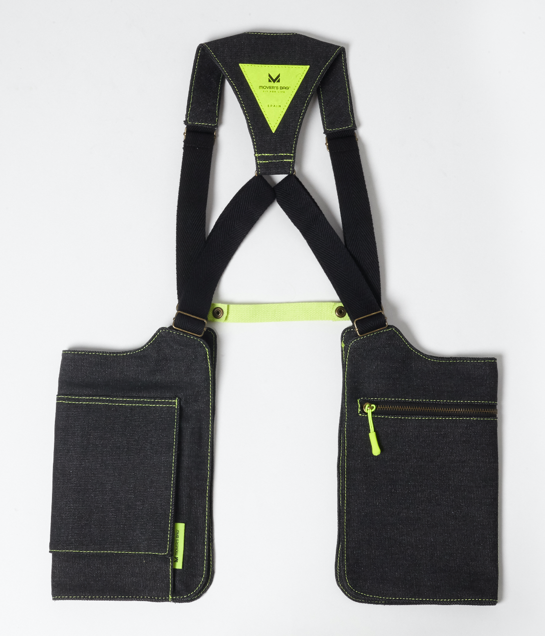 Bolso chaleco vaquero negro jaspeado con costuras flúor – vista trasera