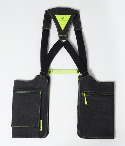 Bolso chaleco vaquero negro jaspeado con costuras flúor – vista trasera