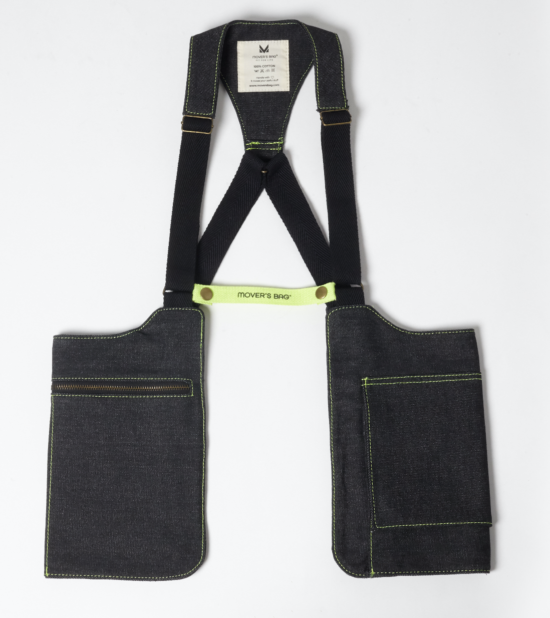 Bolso chaleco vaquero negro jaspeado con costuras flúor – vista frontal
