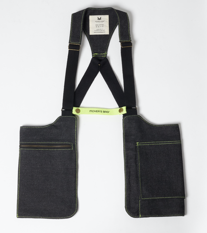 Bolso chaleco vaquero negro jaspeado con costuras flúor – vista frontal